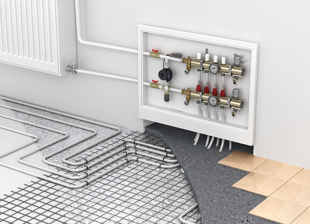 A floor heating system with pipes and wires.